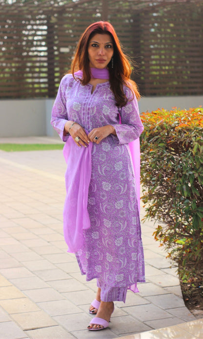 Cotton Block Print Lilac Suit Set with Chiffon Dupatta - Baareeki