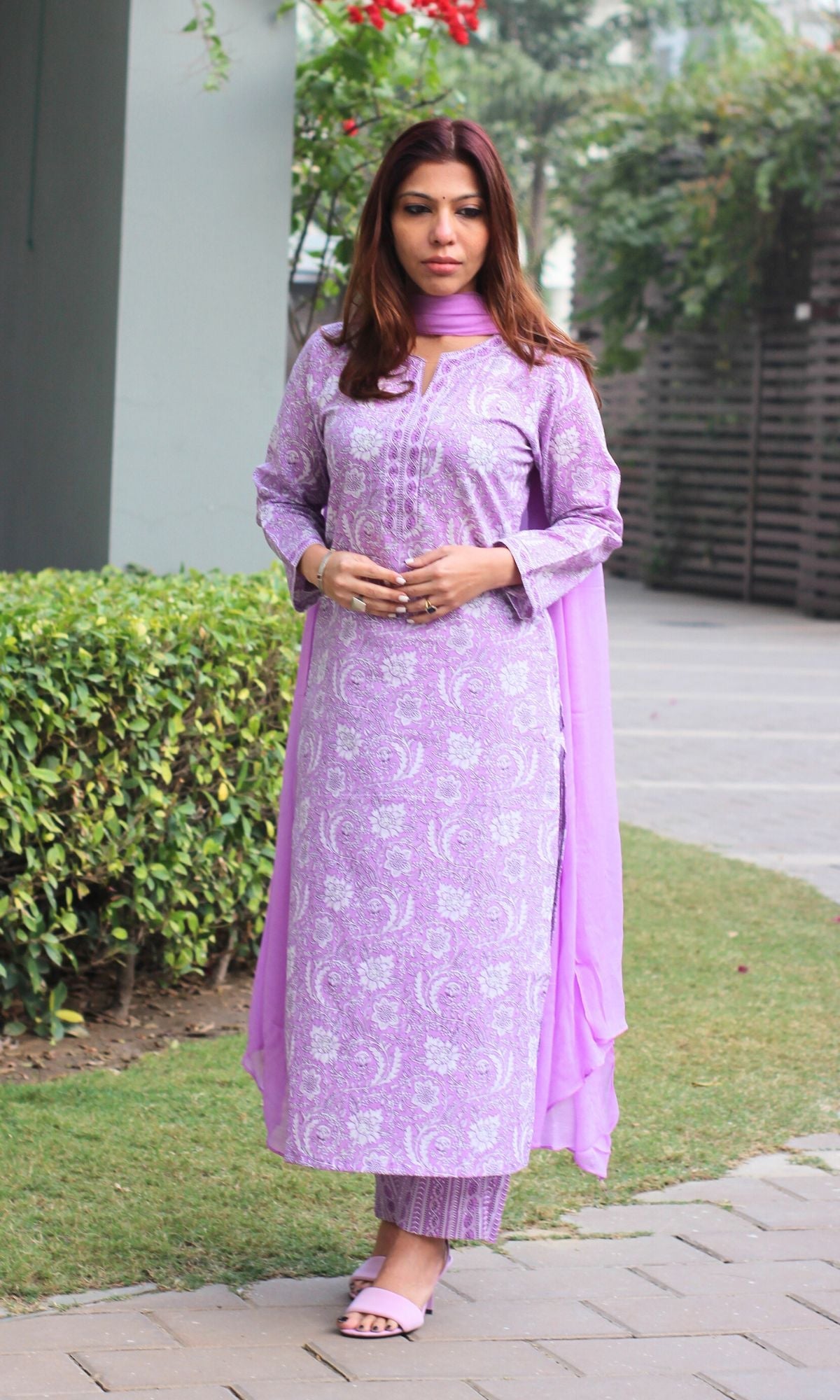 Cotton Block Print Lilac Suit Set with Chiffon Dupatta - Baareeki