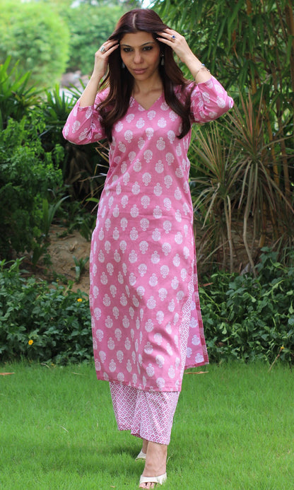 Cotton Block Print Pink Kurta and Pants - Baareeki