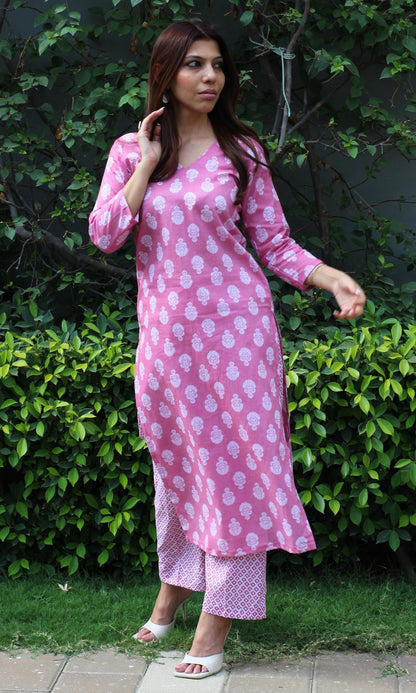 Cotton Block Print Pink Kurta and Pants - Baareeki