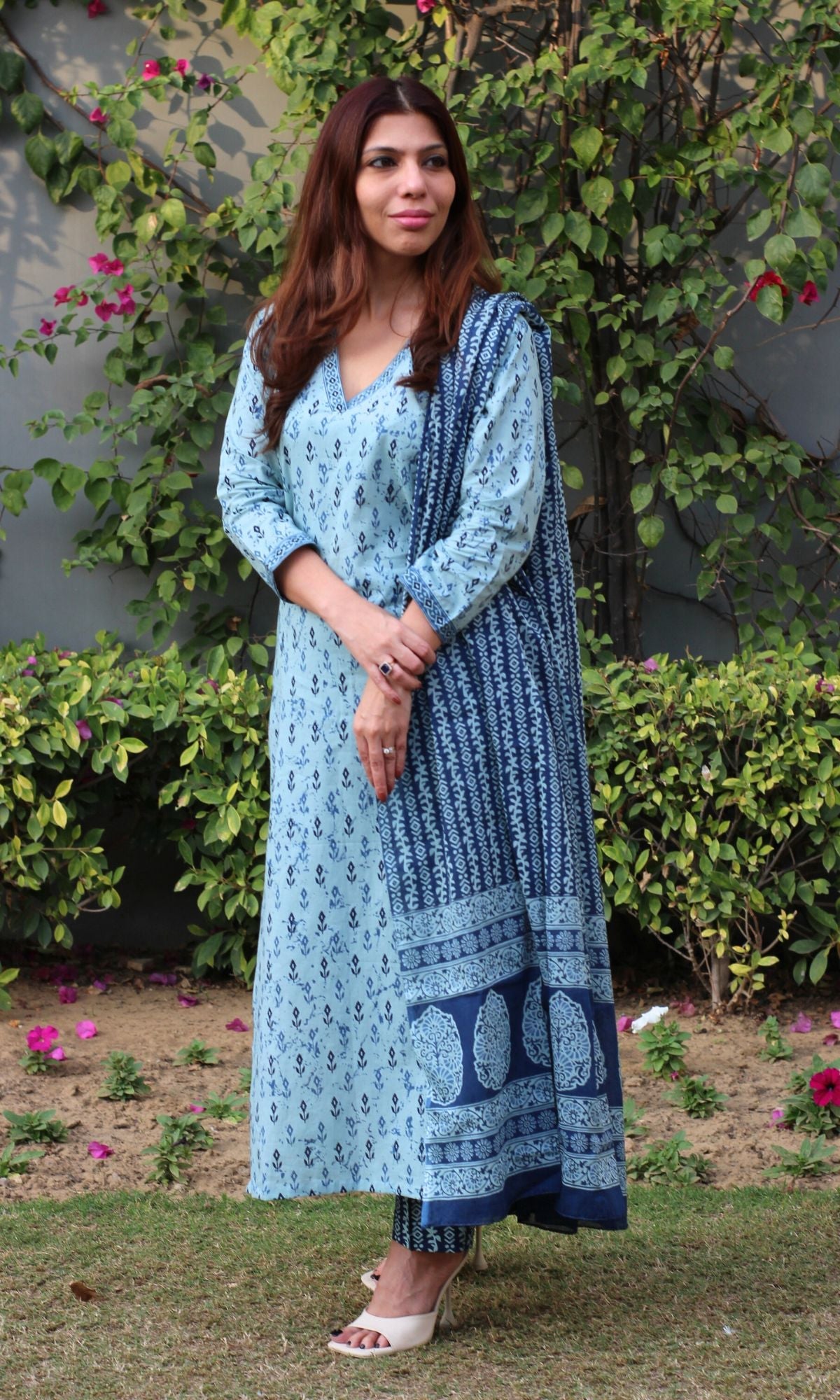 Cotton Block Print Sky Blue Suit Set with Printed Cotton Dupatta - Baareeki