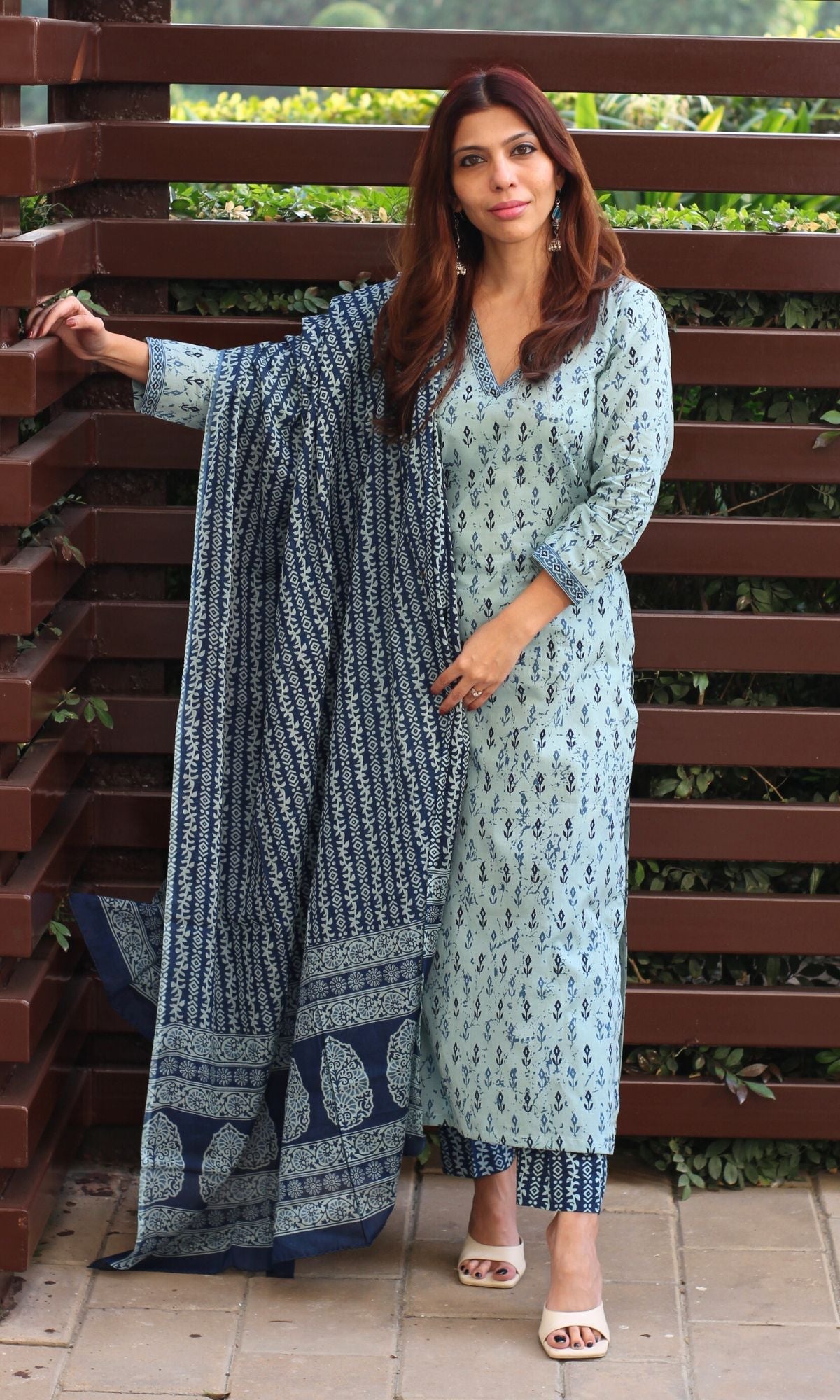 Cotton Block Print Sky Blue Suit Set with Printed Cotton Dupatta - Baareeki