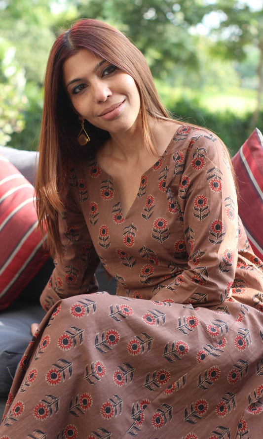 Cotton Brown Kali Kurta - Baareeki