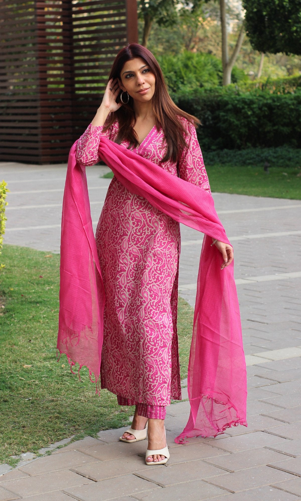 Cotton Dabu Print Pink Suit Set with Kota Doria Dupatta - Baareeki