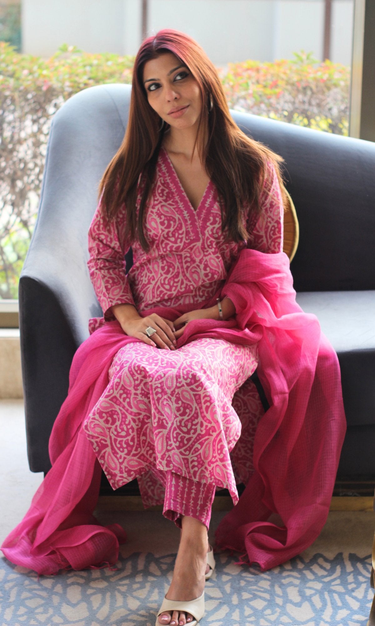 Cotton Dabu Print Pink Suit Set with Kota Doria Dupatta - Baareeki