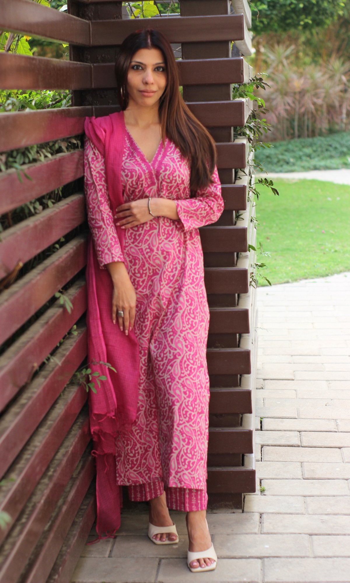 Cotton Dabu Print Pink Suit Set with Kota Doria Dupatta - Baareeki