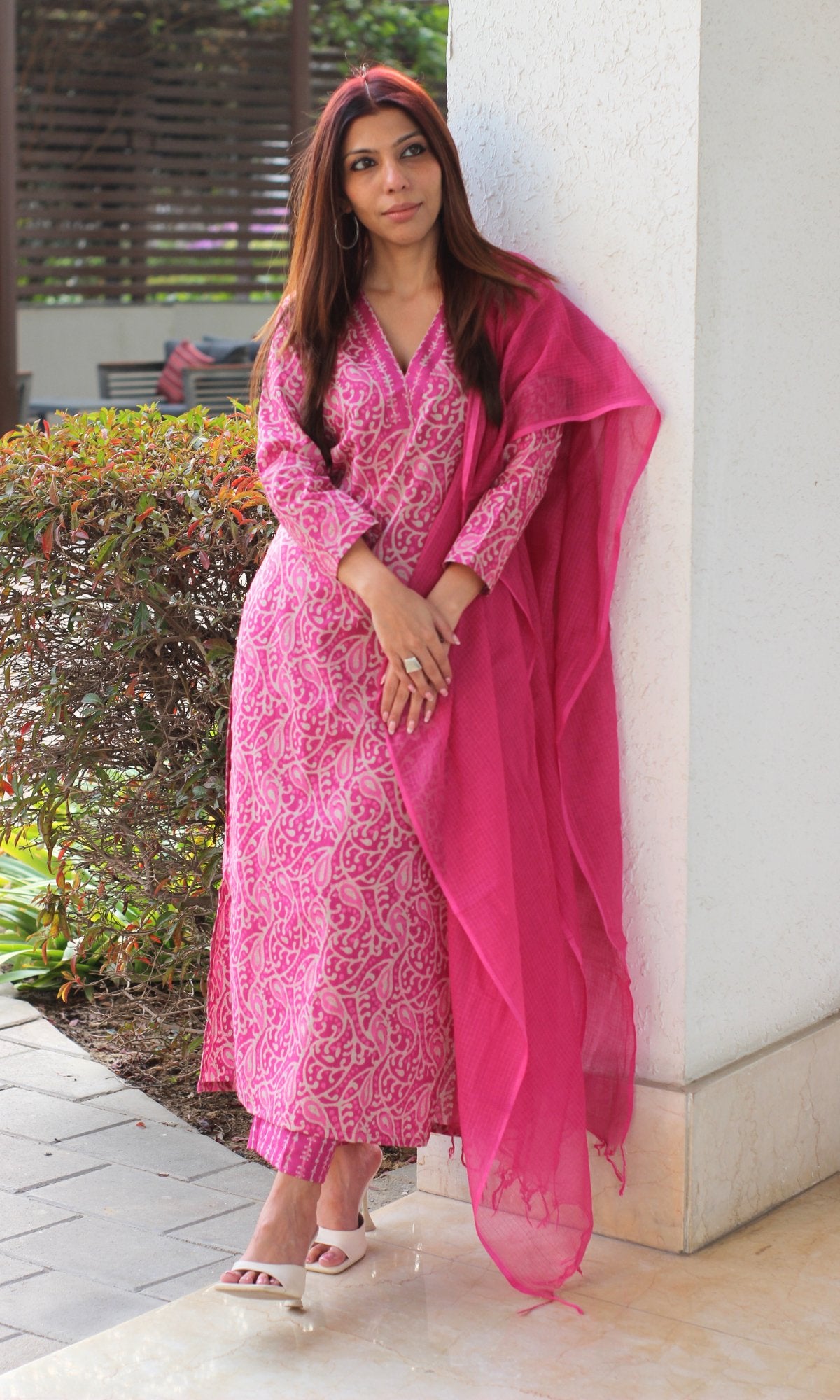 Cotton Dabu Print Pink Suit Set with Kota Doria Dupatta - Baareeki