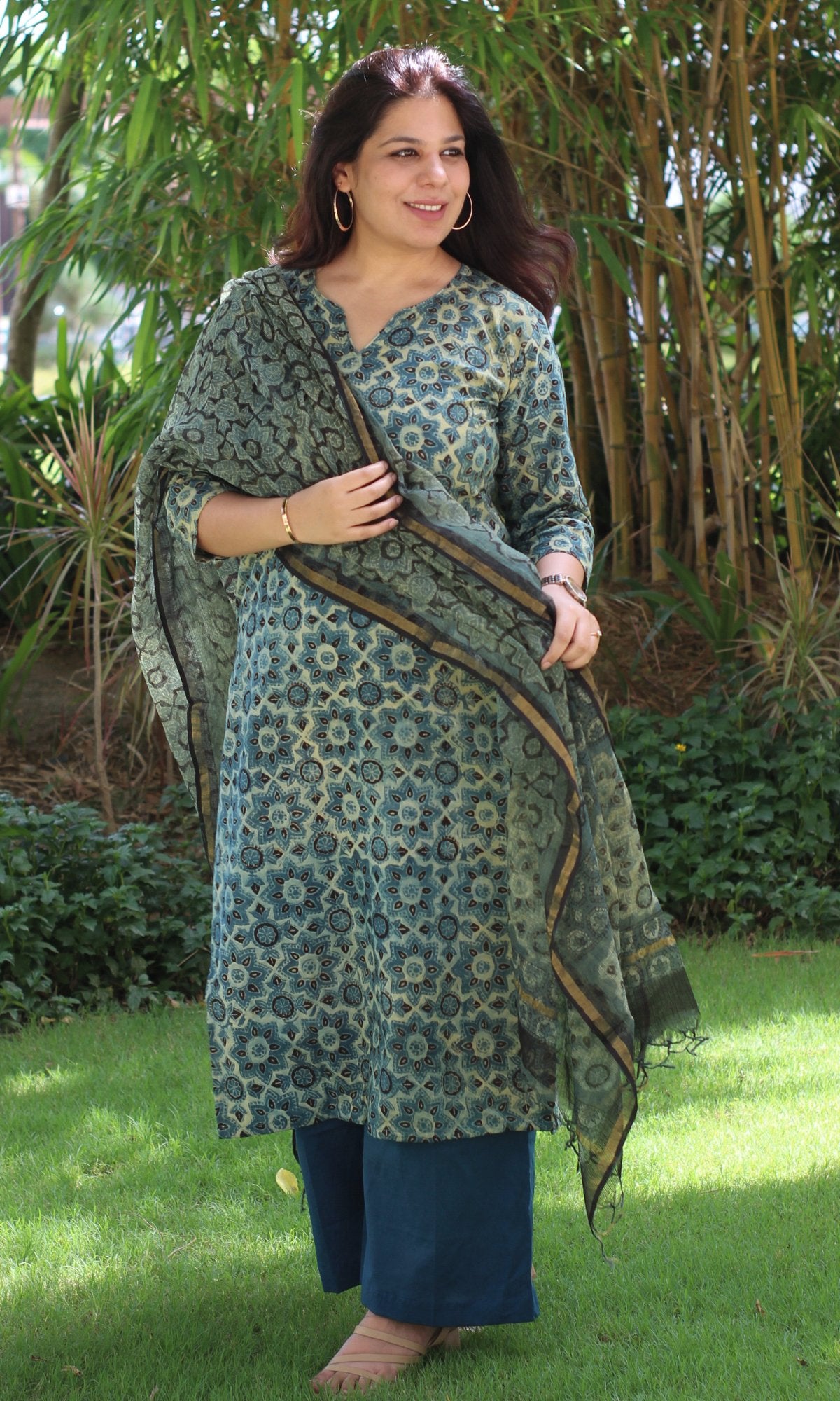 Cotton Handblock Ajrakh Kurta and Pants with Kota Doria Dupatta - Baareeki