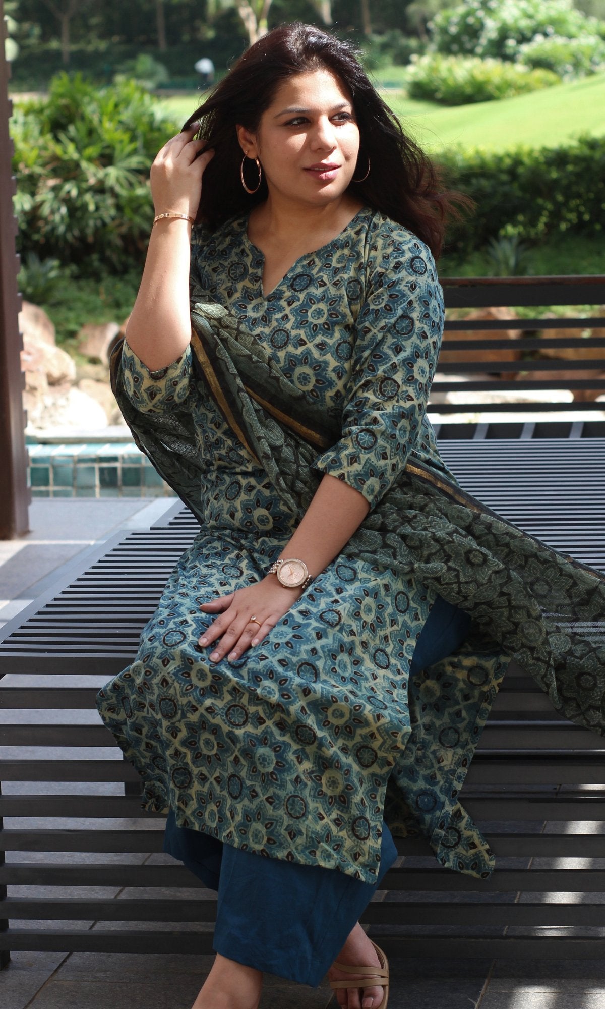 Cotton Handblock Ajrakh Kurta and Pants with Kota Doria Dupatta - Baareeki