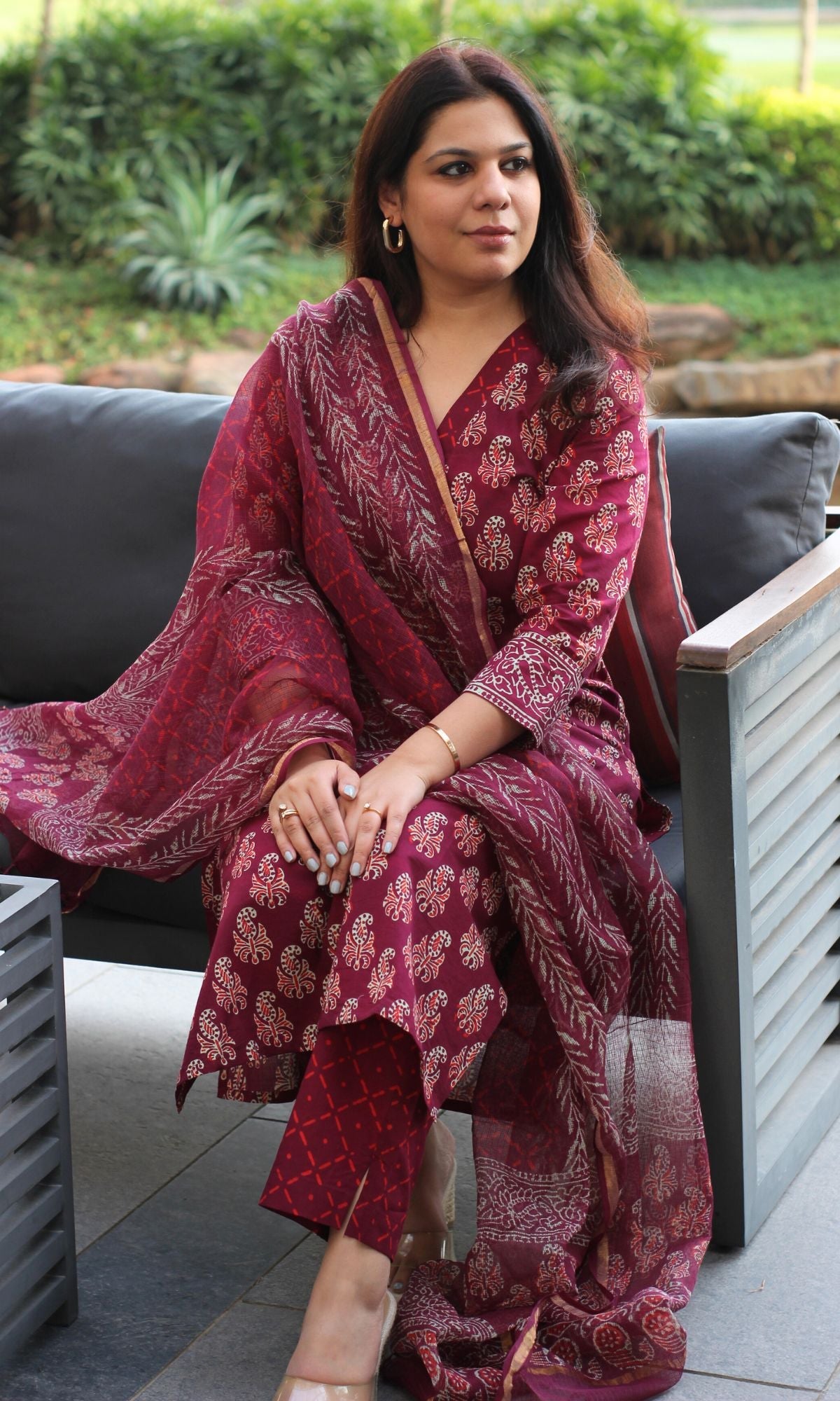 Cotton Handblock Badmeri Print Wine Suit Set with Kota Doria Dupatta - Baareeki