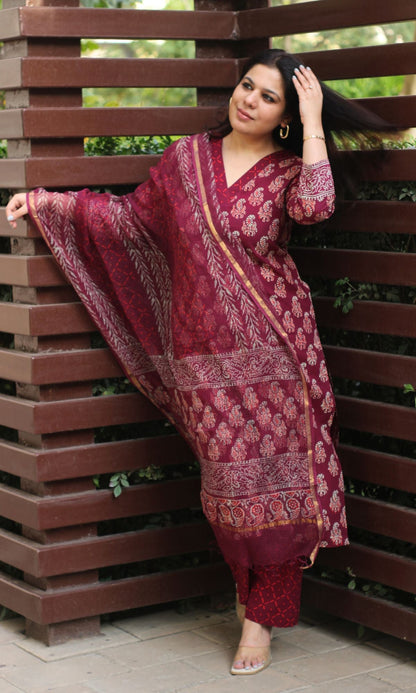 Cotton Handblock Badmeri Print Wine Suit Set with Kota Doria Dupatta - Baareeki