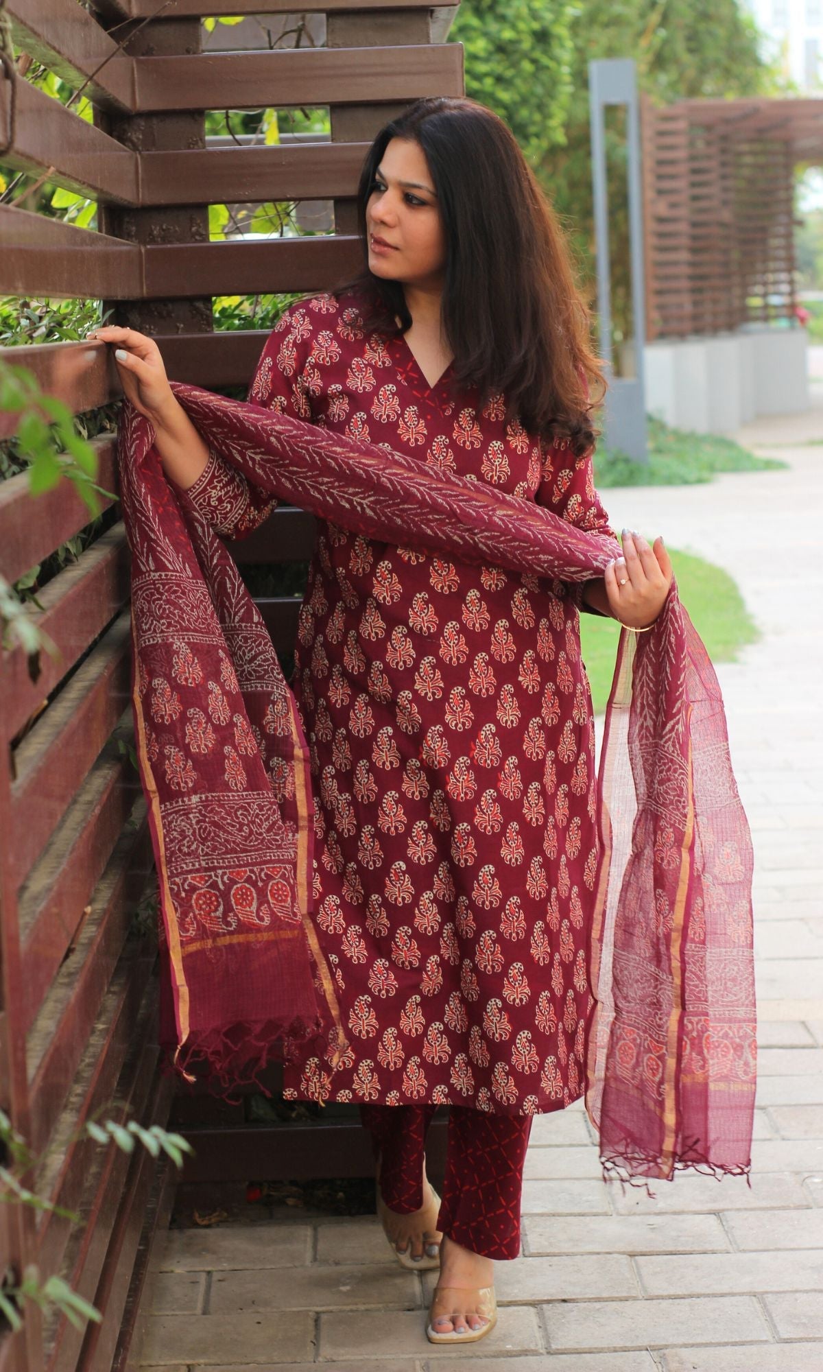 Cotton Handblock Badmeri Print Wine Suit Set with Kota Doria Dupatta - Baareeki