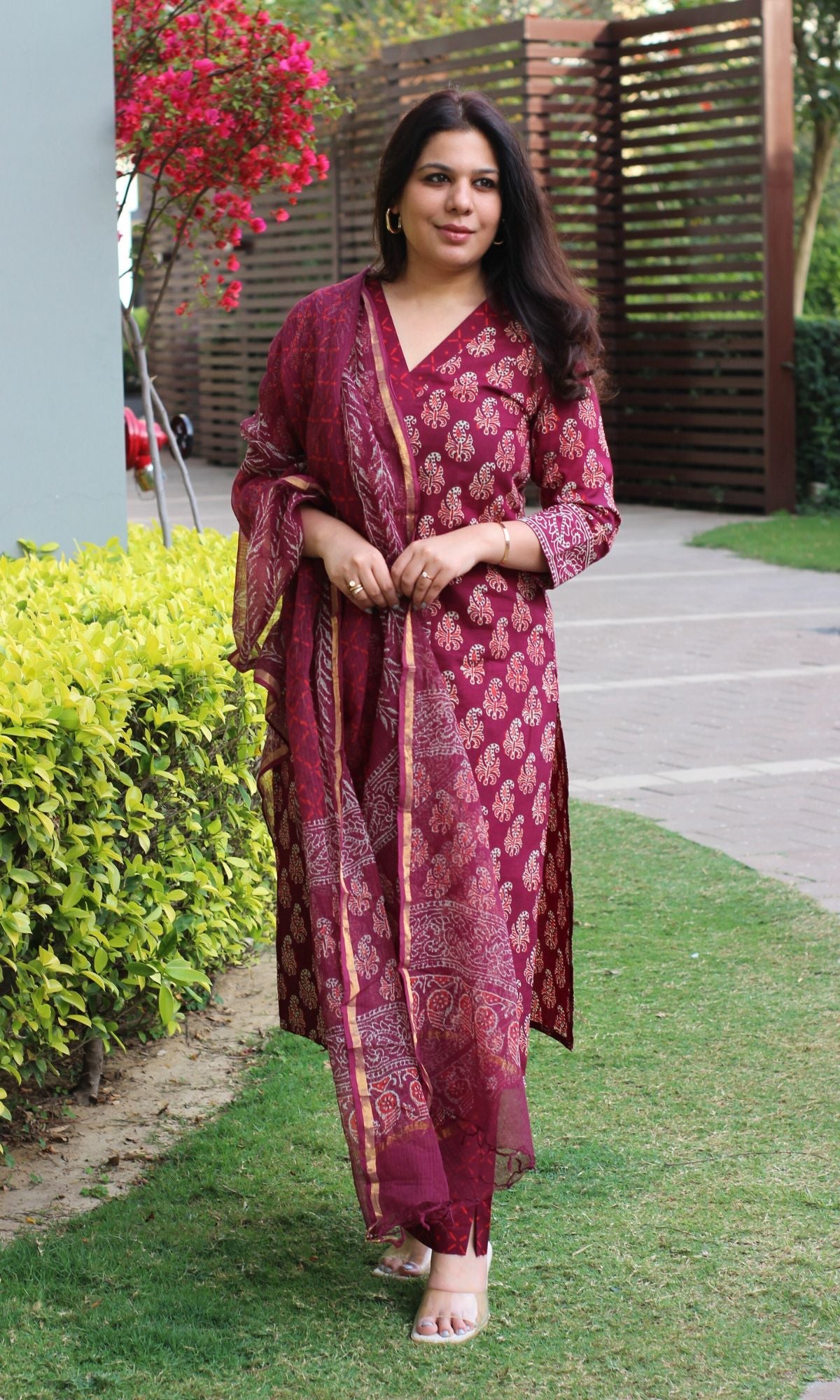 Cotton Handblock Badmeri Print Wine Suit Set with Kota Doria Dupatta - Baareeki