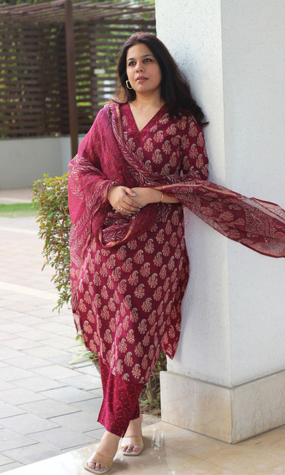 Cotton Handblock Badmeri Print Wine Suit Set with Kota Doria Dupatta - Baareeki