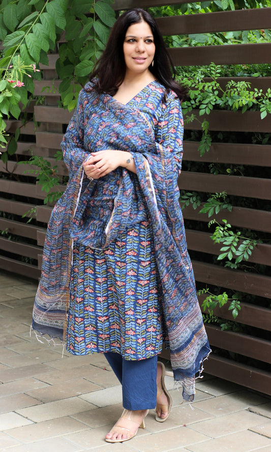 Cotton Handblock Blue Suit Set with Kota Doria Dupatta - Baareeki