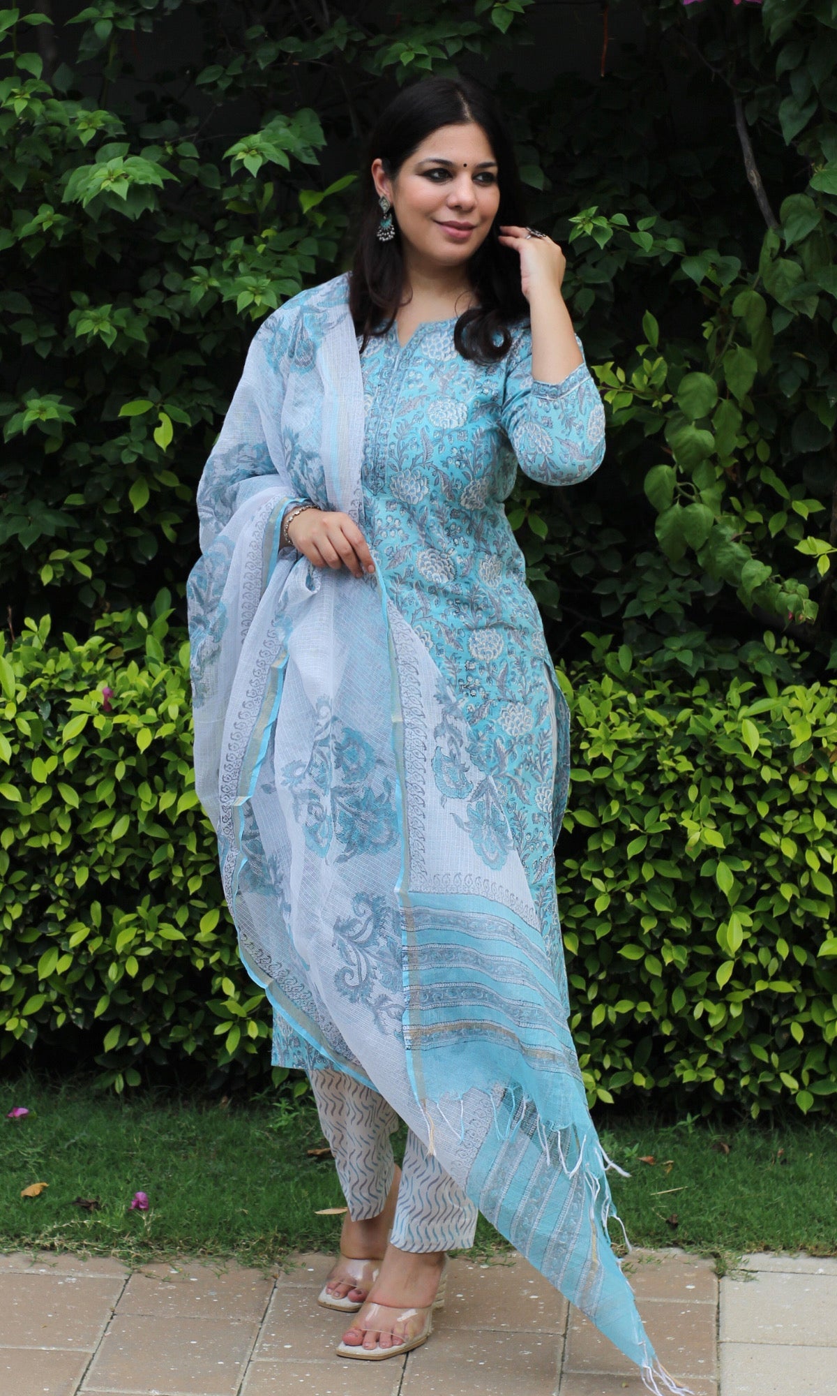 Cotton Handblock Blue Suit Set with Kota Doria Dupatta - Baareeki