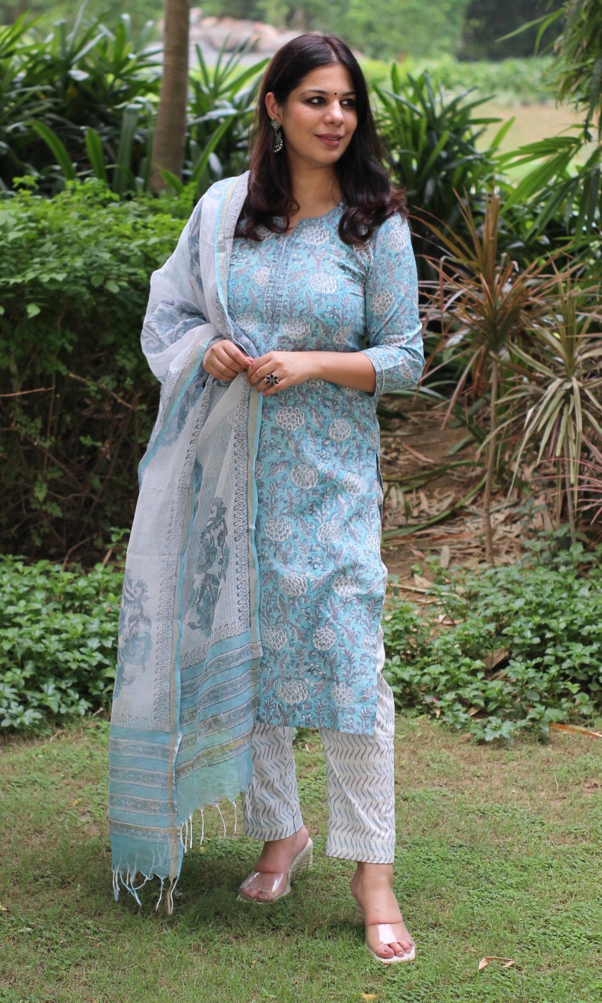 Cotton Handblock Blue Suit Set with Kota Doria Dupatta - Baareeki