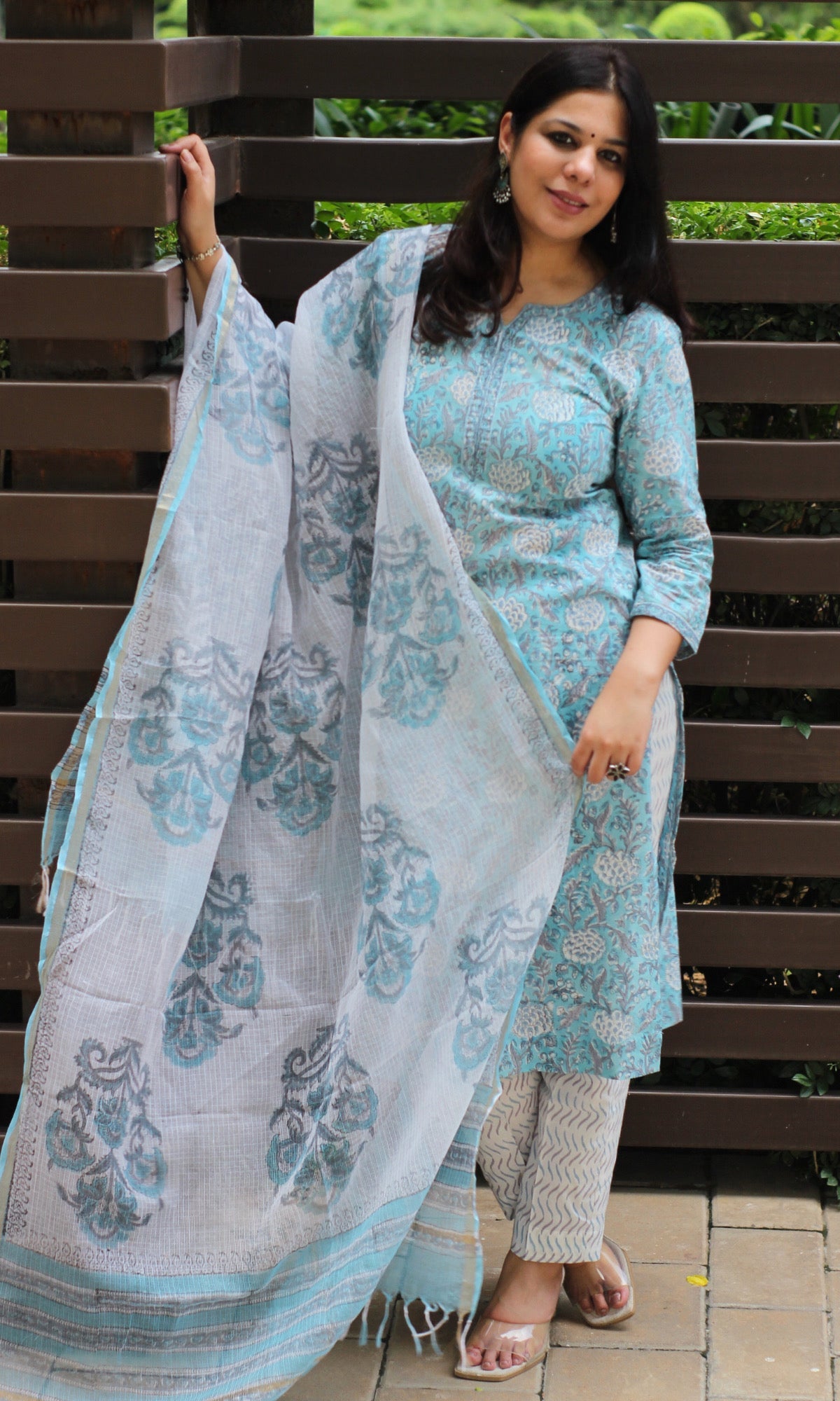 Cotton Handblock Blue Suit Set with Kota Doria Dupatta - Baareeki