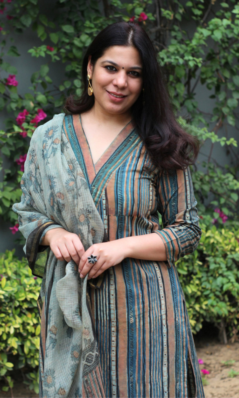 White Base with Blue Floral Designer Handblock Printed Cotton Kota Doria un-stitched Suit With Dupatta main image 1
