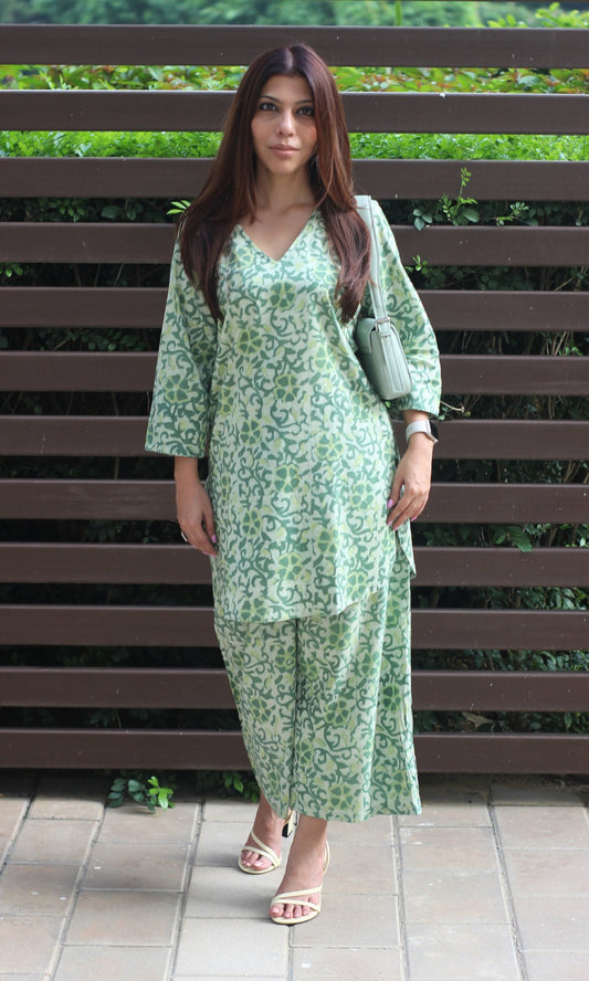 Cotton Handblock Dabu Mint Green Coord Set - Baareeki