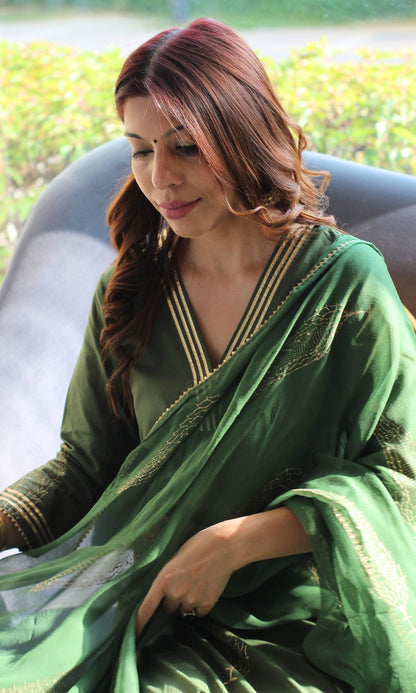 Cotton Handblock Green and Gold Kurta and Pants with Chiffon Dupatta - Baareeki