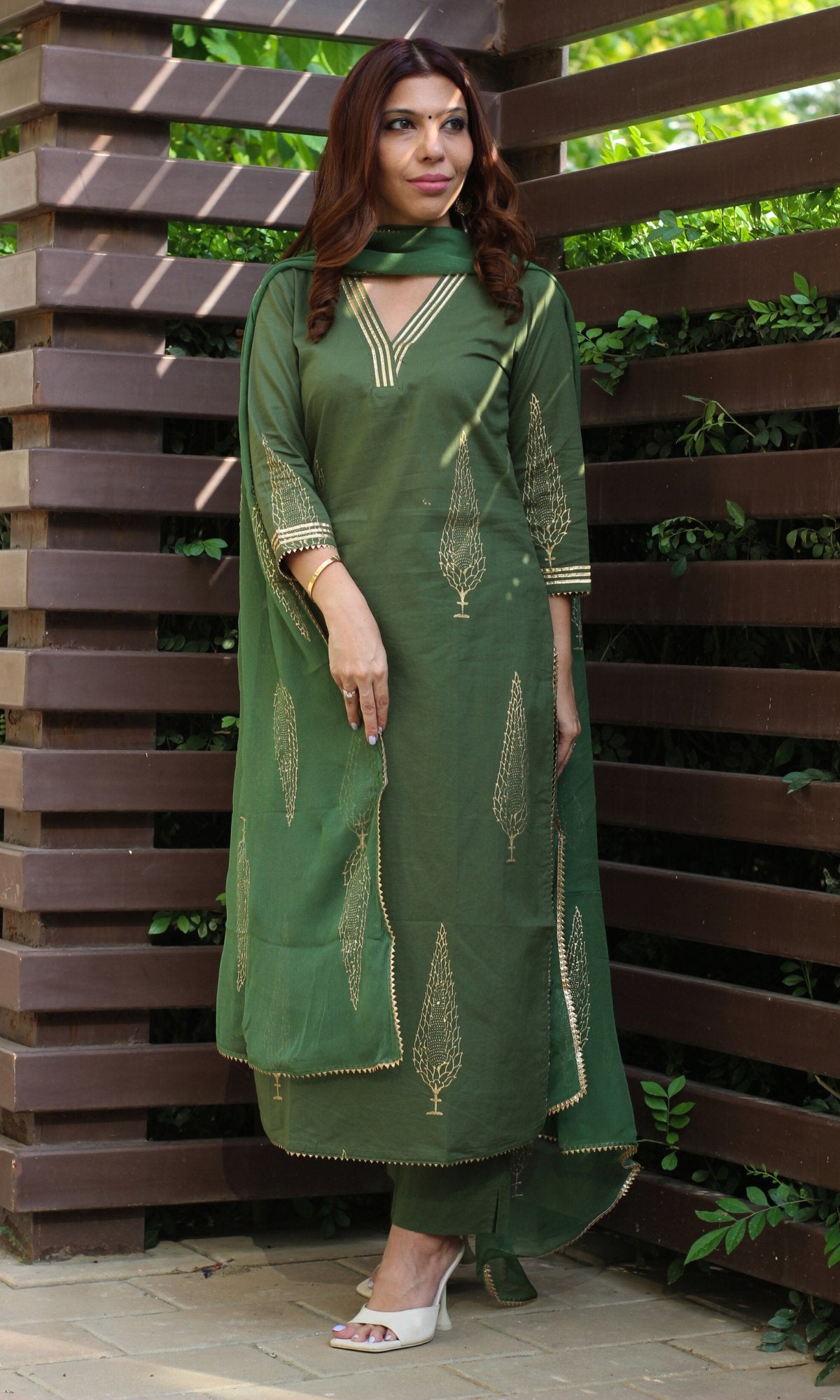 Cotton Handblock Green and Gold Kurta and Pants with Chiffon Dupatta - Baareeki