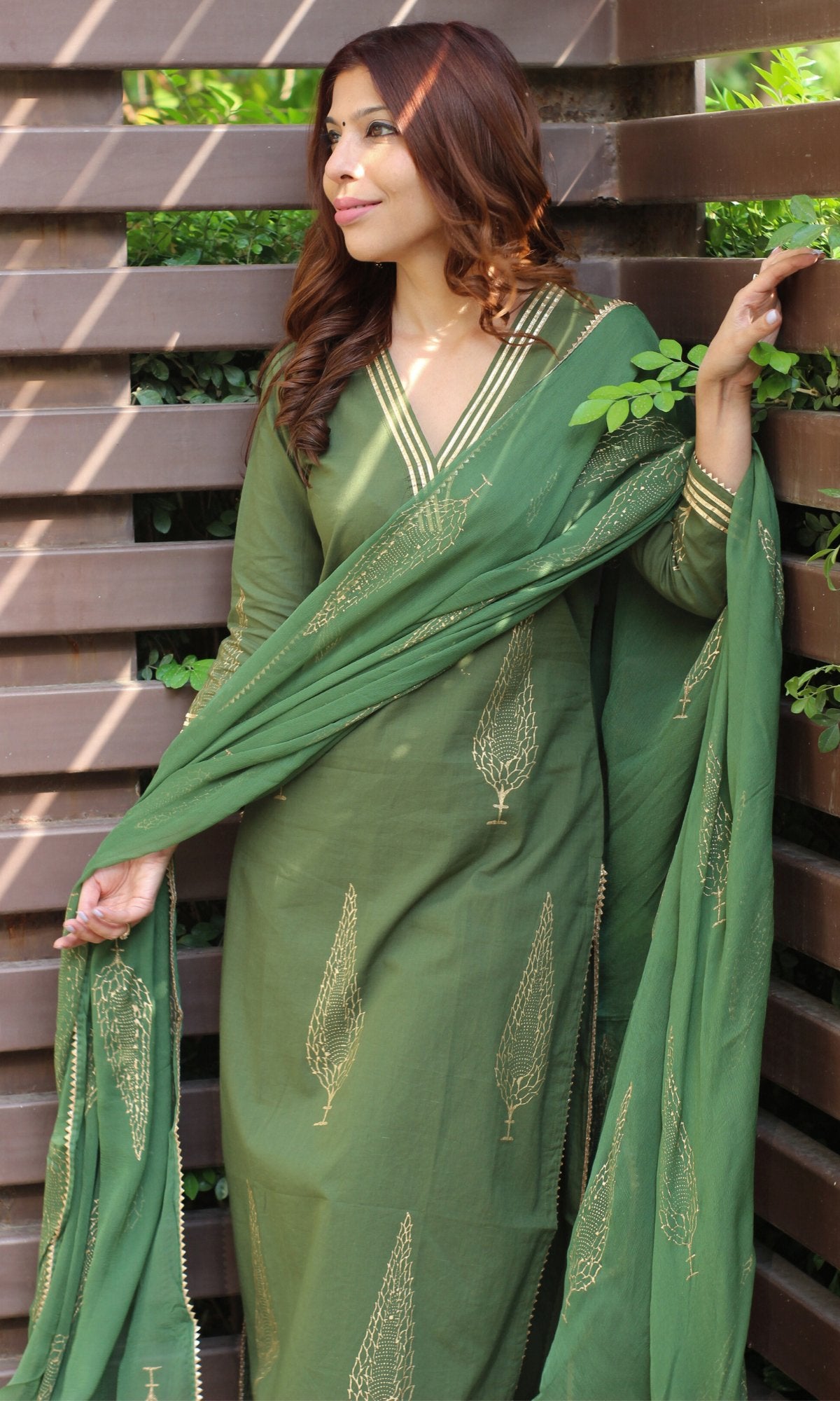 Cotton Handblock Green and Gold Kurta and Pants with Chiffon Dupatta - Baareeki