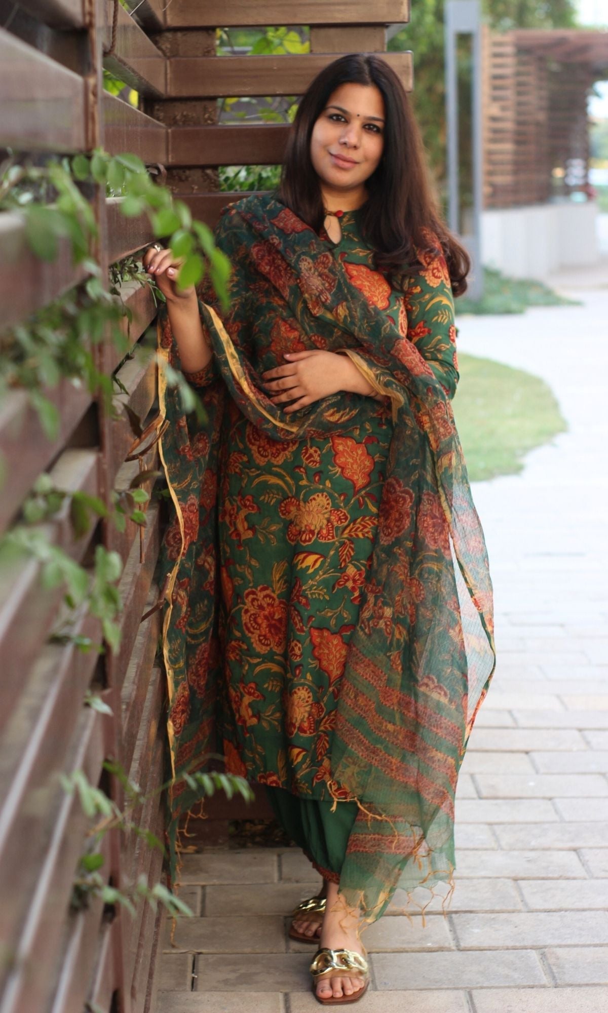 Cotton Handblock Green Kurta and Afgani Pants with Printed Kota Doria Dupatta - Baareeki