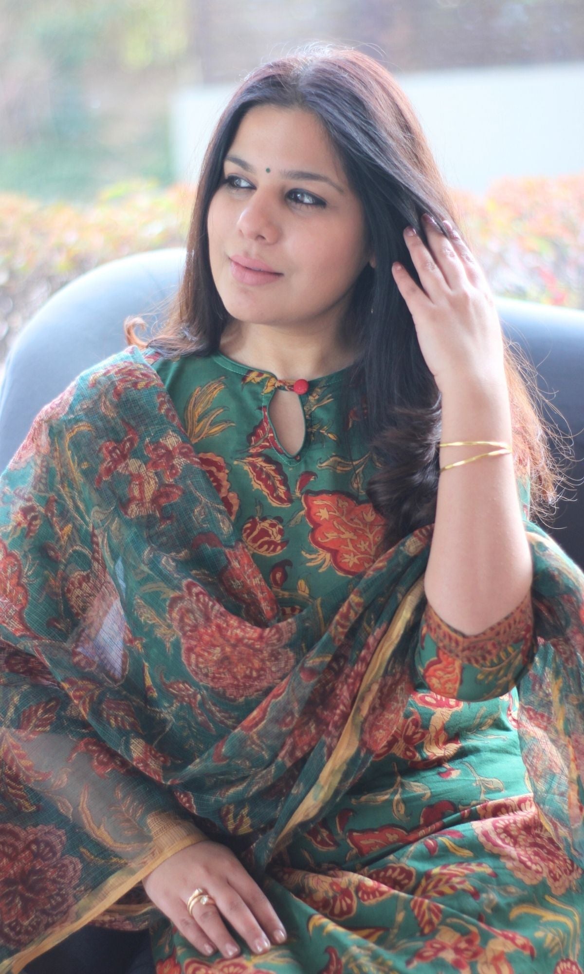 Cotton Handblock Green Kurta and Afgani Pants with Printed Kota Doria Dupatta - Baareeki