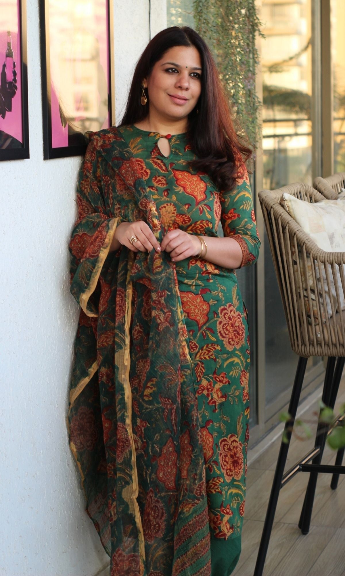 Cotton Handblock Green Kurta and Afgani Pants with Printed Kota Doria Dupatta - Baareeki