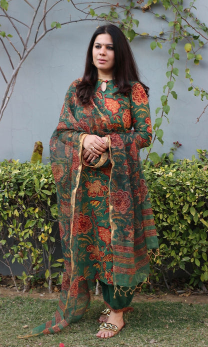 Cotton Handblock Green Kurta and Afgani Pants with Printed Kota Doria Dupatta - Baareeki