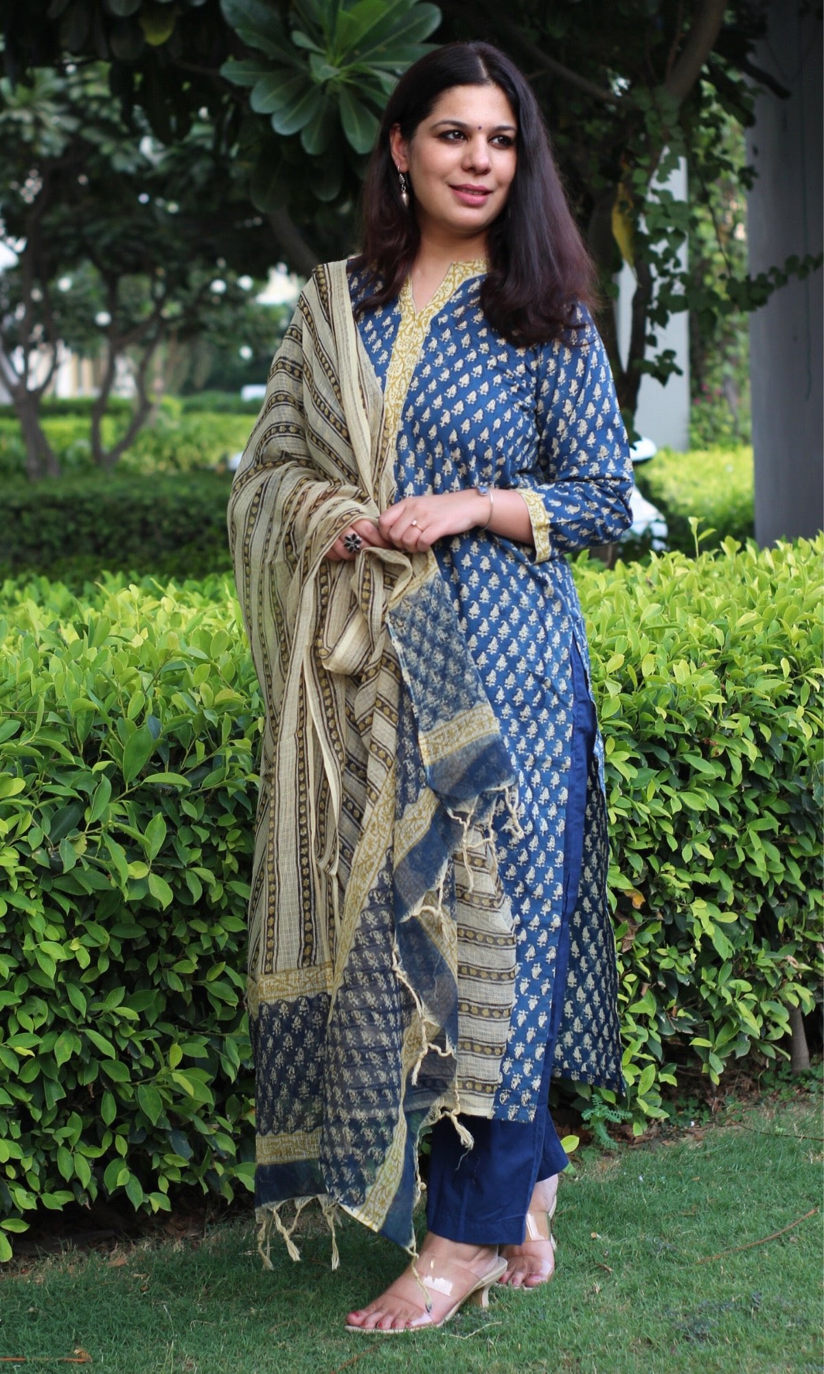 Cotton Handblock Indigo Suit Set with Kota Doria Dupatta - Baareeki