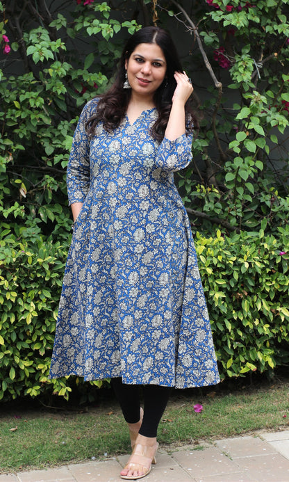 Cotton Handblock Kalamkari Blue Kurta - Baareeki