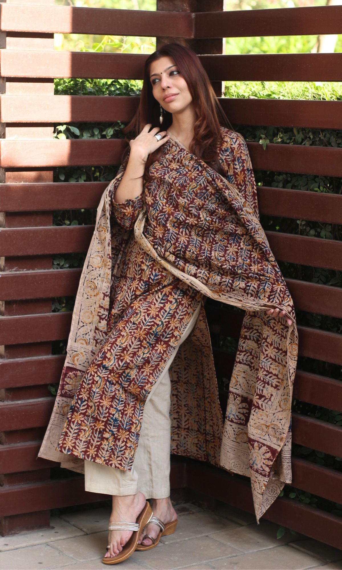 Orange - Pedana Kalamkari Hand Block Printed Cotton Pintuck Straight Kurta