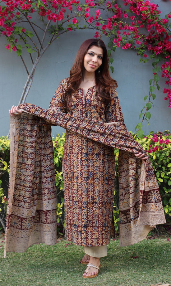 Dark Wine Handblock Print Kalamkari Kurta main image 1