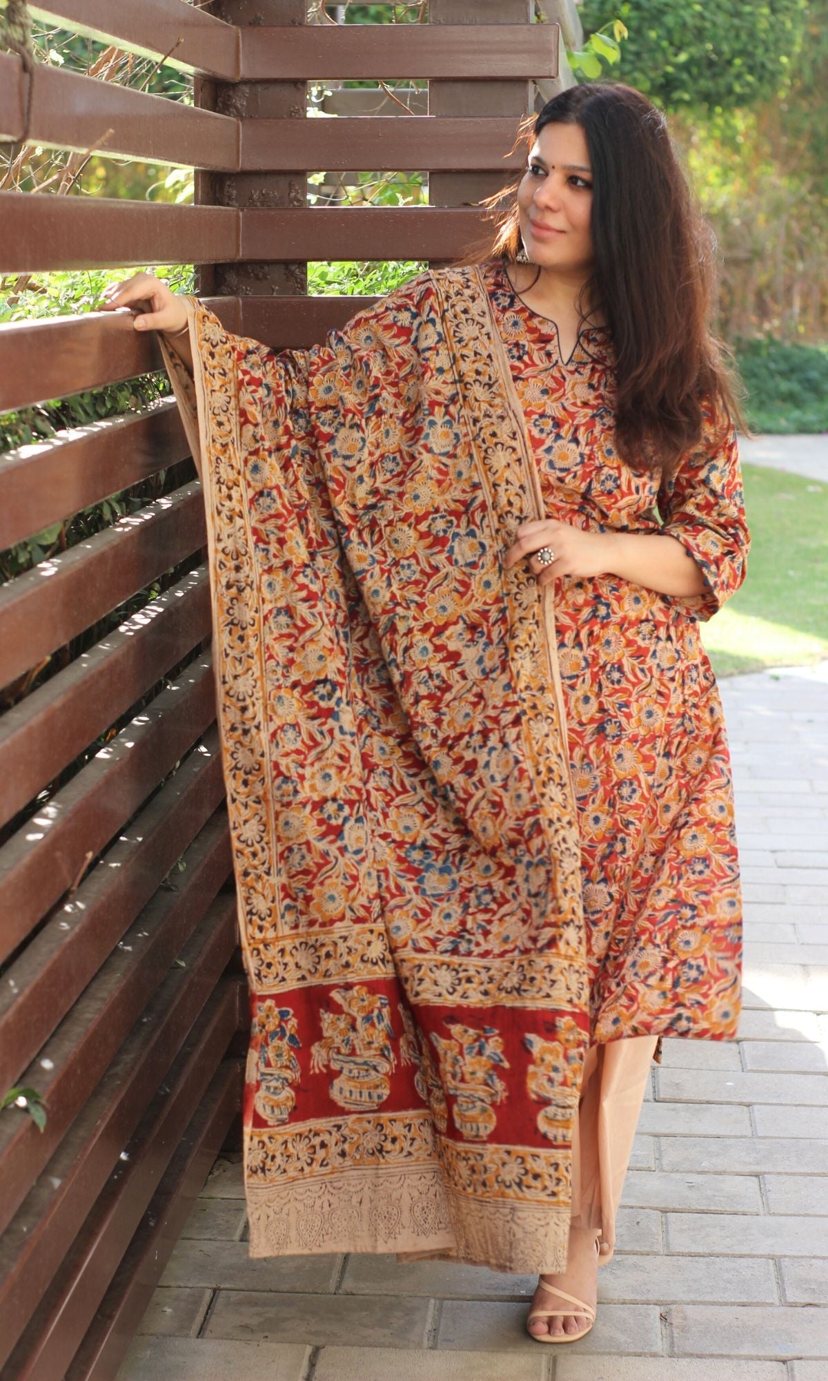 Cotton Handblock Kalamkari Red Kurta and Dupatta - Baareeki