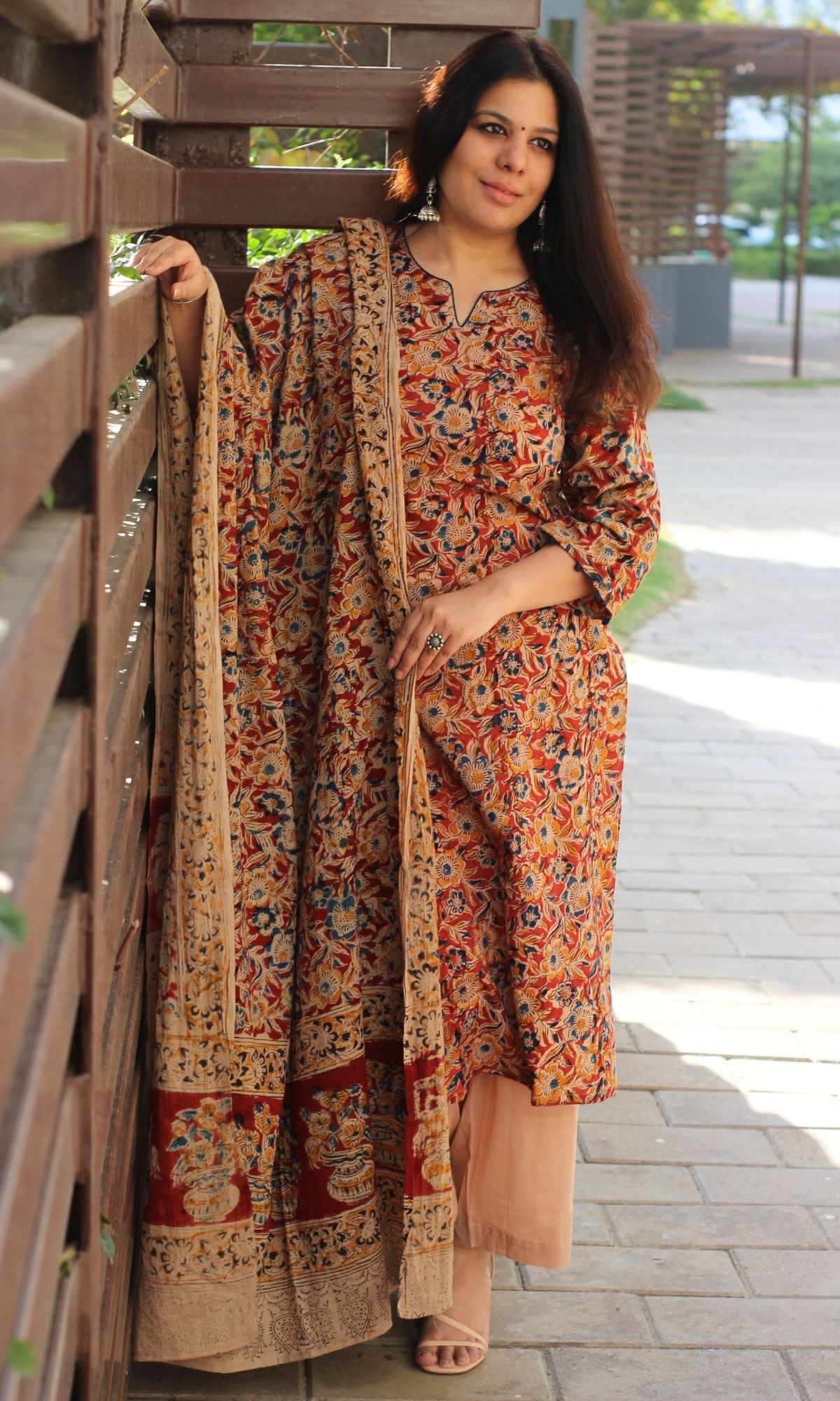 Cotton Handblock Kalamkari Red Kurta and Dupatta - Baareeki