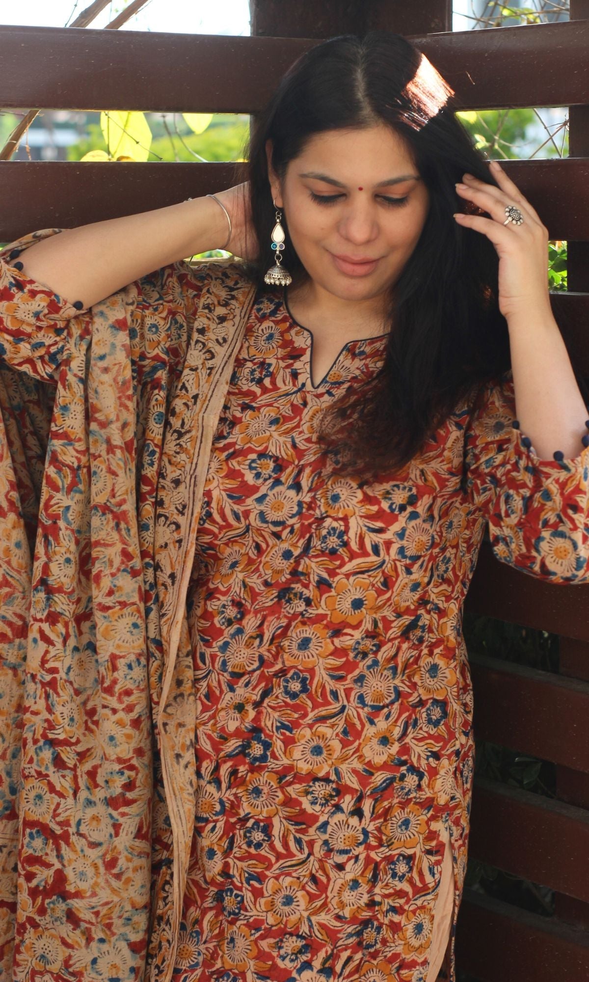 Cotton Handblock Kalamkari Red Kurta and Dupatta - Baareeki