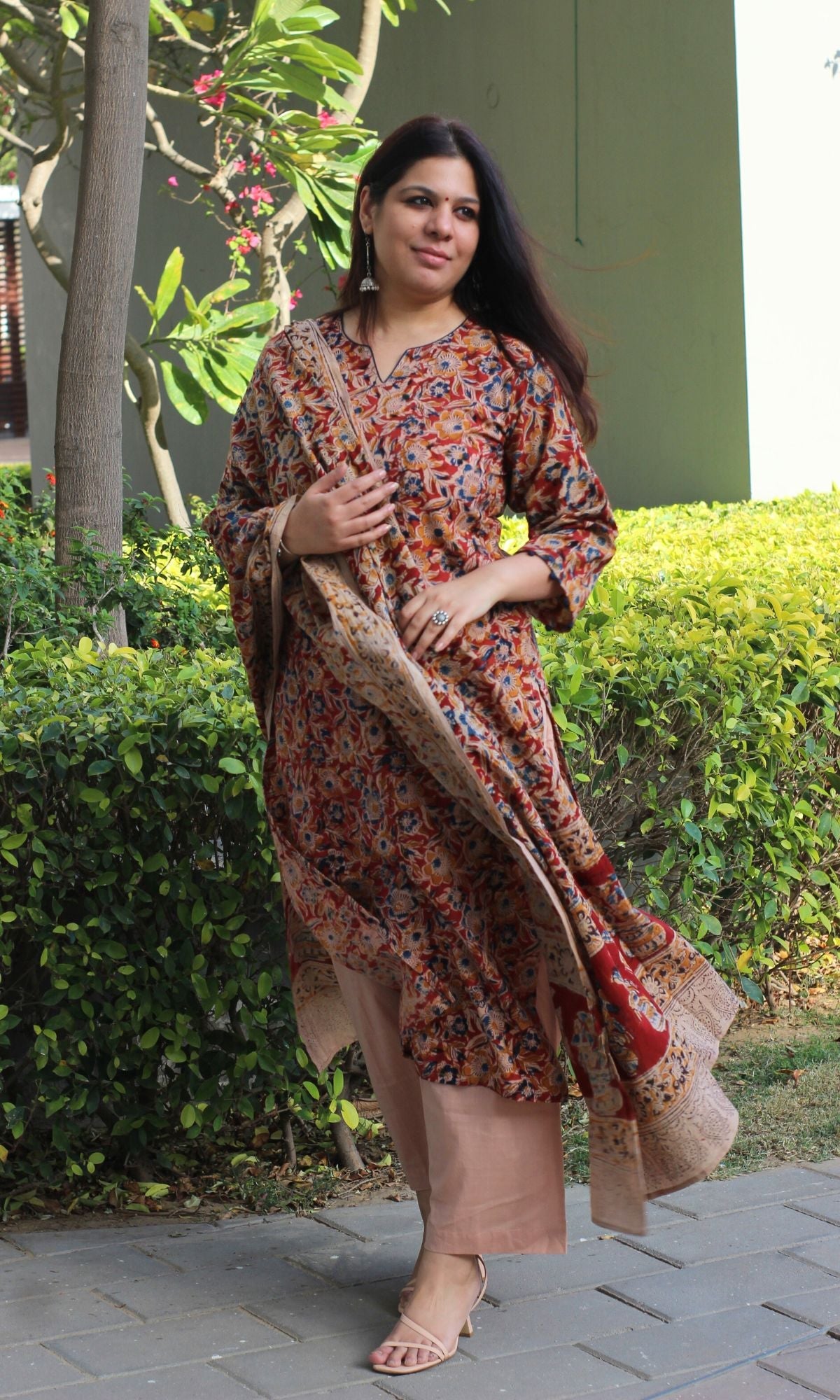 Cotton Handblock Kalamkari Red Kurta and Dupatta - Baareeki