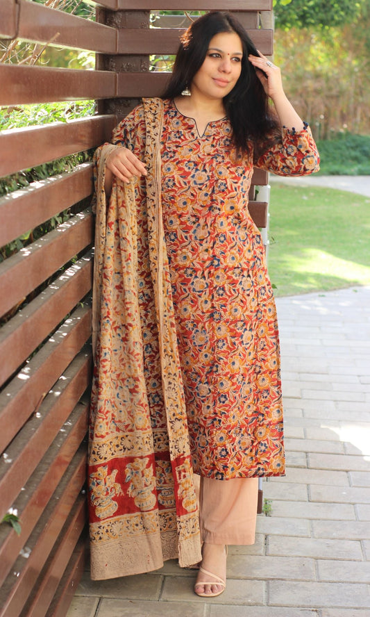 Cotton Handblock Kalamkari Red Kurta and Dupatta - Baareeki