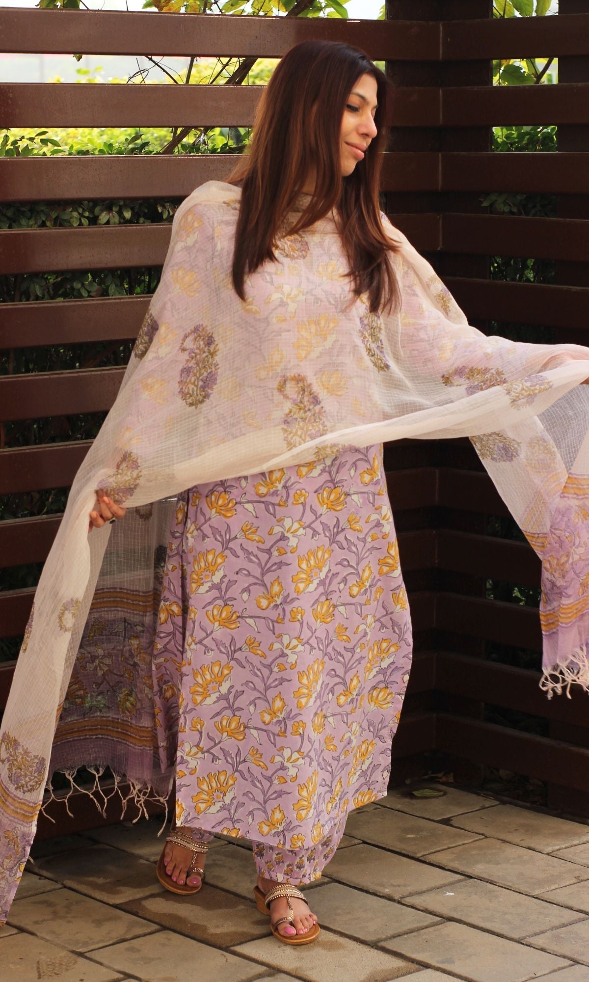 Cotton Handblock Lavender Kurta and Afghani Pants with Kota Doria Dupatta - Baareeki