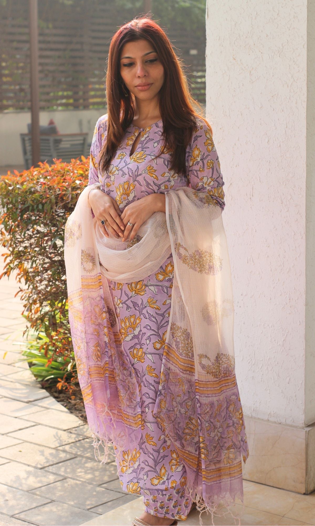 Cotton Handblock Lavender Kurta and Afghani Pants with Kota Doria Dupatta - Baareeki