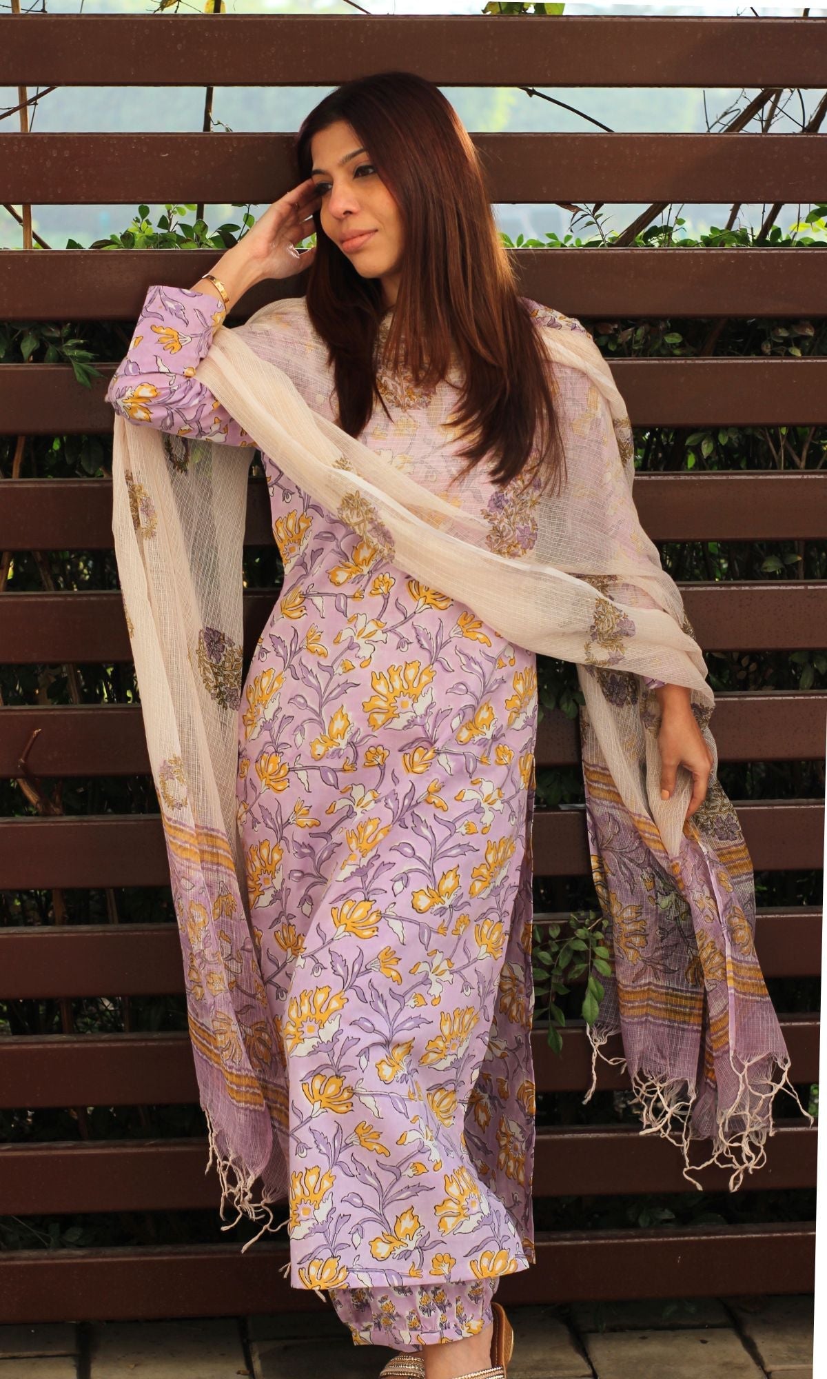 Cotton Handblock Lavender Kurta and Afghani Pants with Kota Doria Dupatta - Baareeki