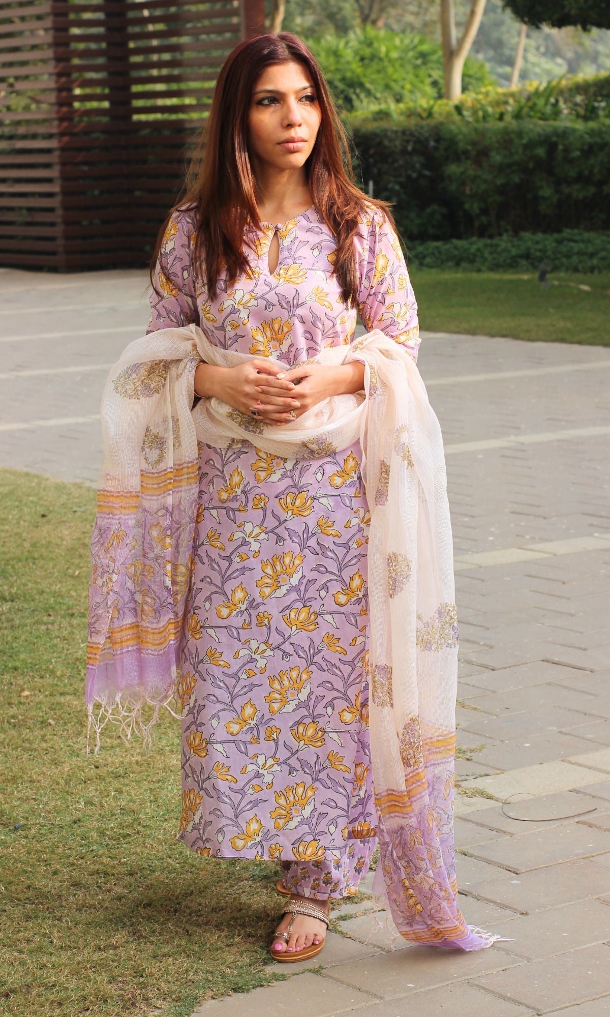 Cotton Handblock Lavender Kurta and Afghani Pants with Kota Doria Dupatta - Baareeki