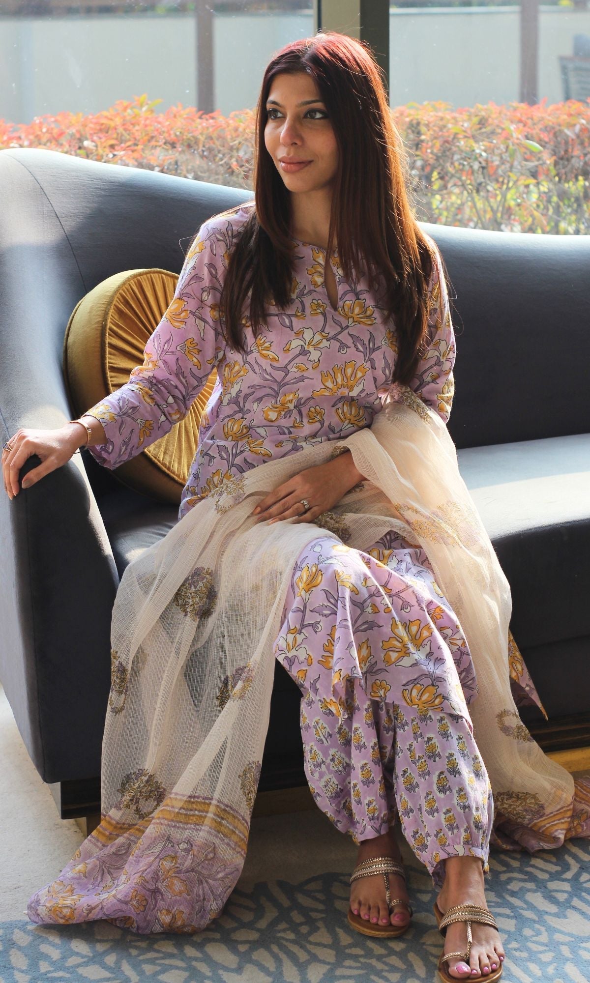 Cotton Handblock Lavender Kurta and Afghani Pants with Kota Doria Dupatta - Baareeki