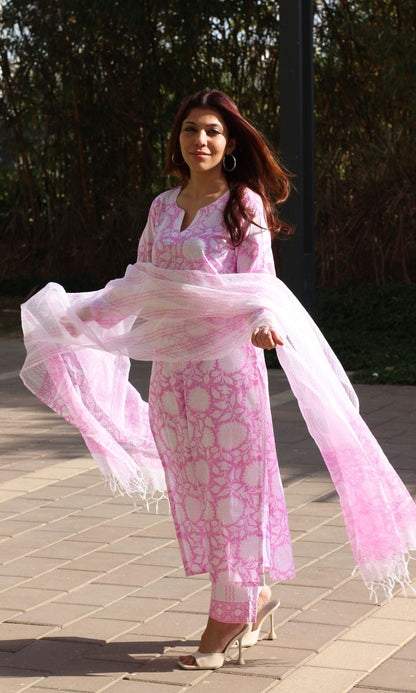 Cotton Handblock Light Pink Suit Set with Kota Doria Printed Dupatta - Baareeki