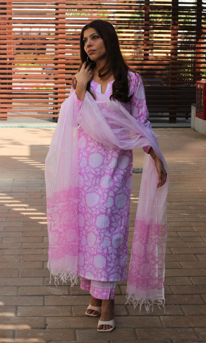 Cotton Handblock Light Pink Suit Set with Kota Doria Printed Dupatta - Baareeki