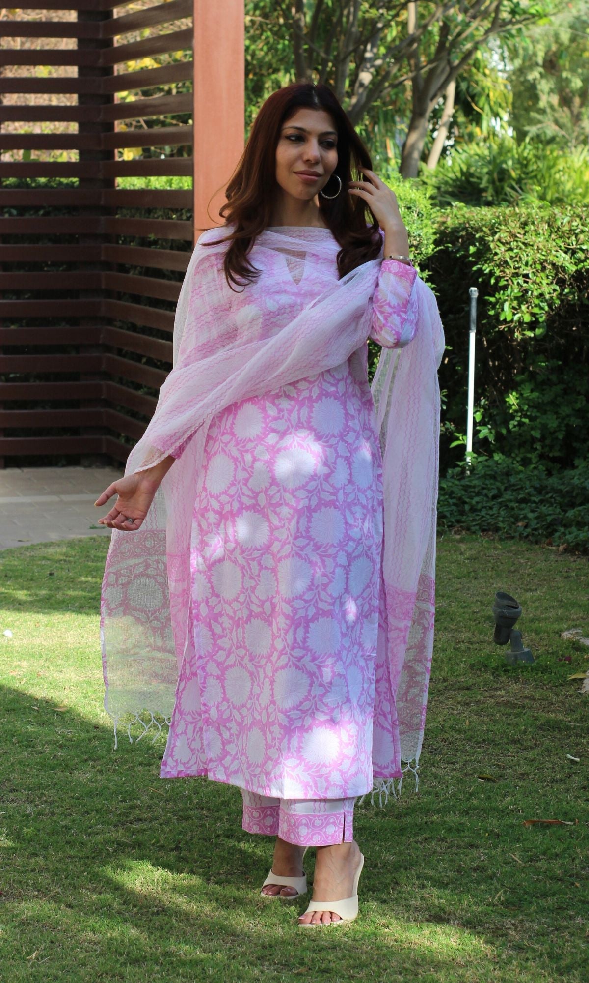 Cotton Handblock Light Pink Suit Set with Kota Doria Printed Dupatta - Baareeki