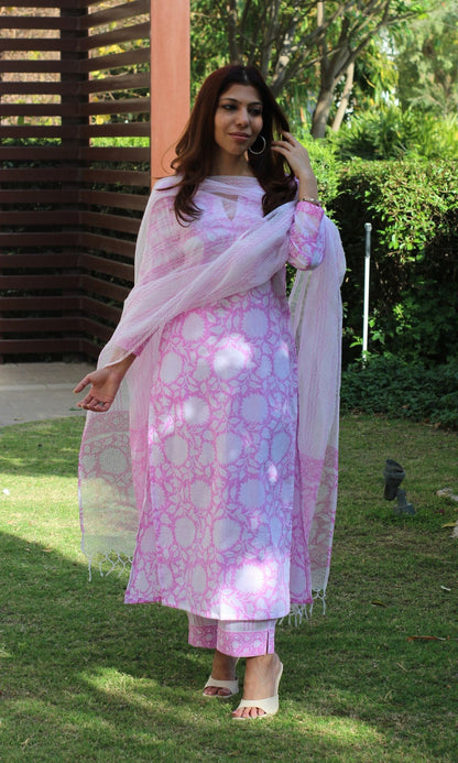 Cotton Handblock Light Pink Suit Set with Kota Doria Printed Dupatta - Baareeki