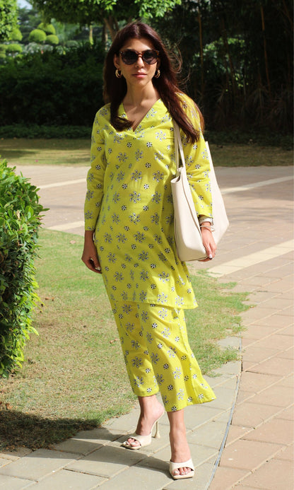 Cotton Handblock Lime Green Coord Set - Baareeki